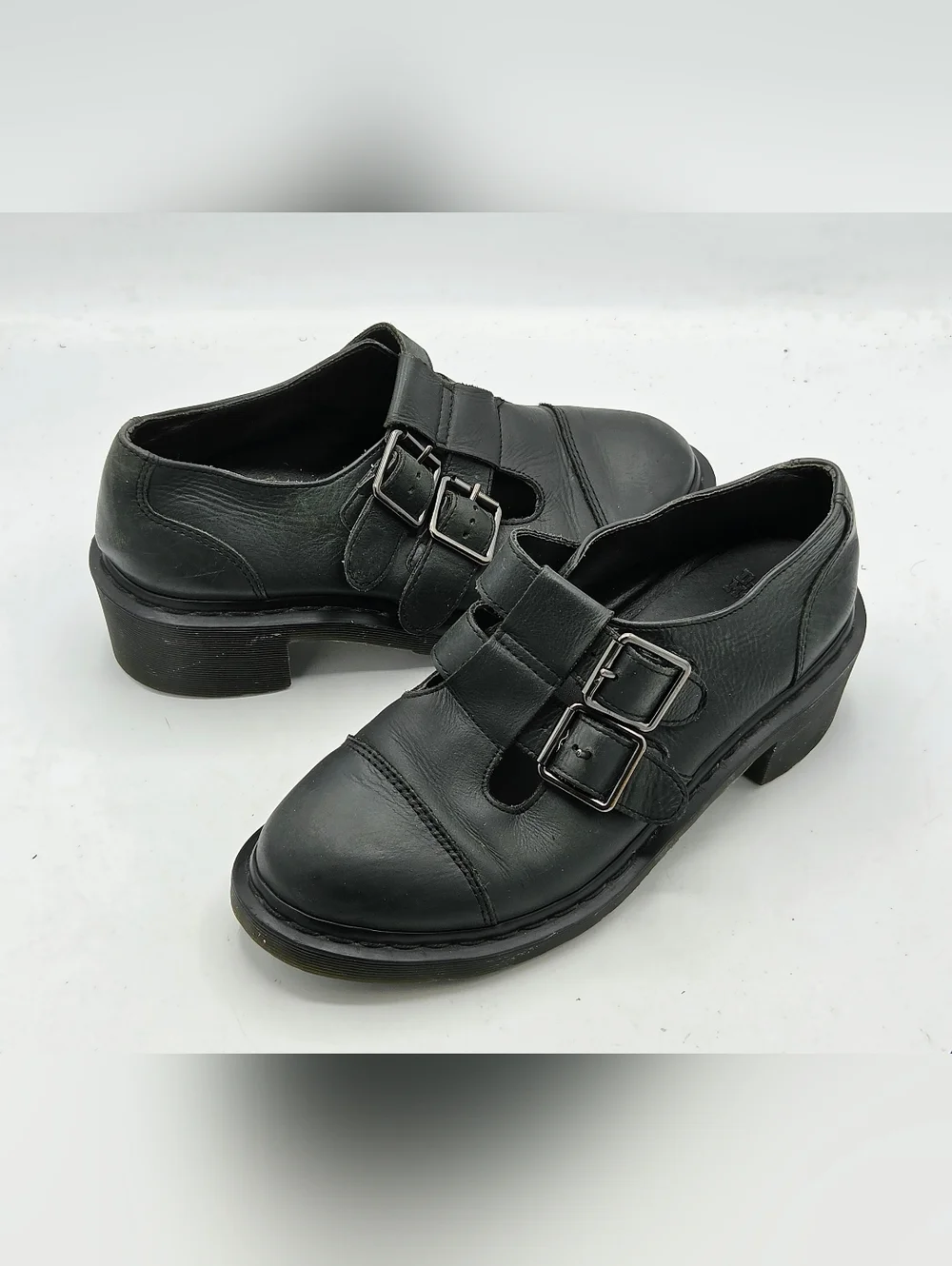 Dr. Martens 8065 Double Strap Heeled Mary Janes - Dark Grey Leather Size 9